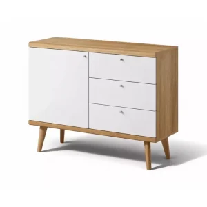 Oferta limitowana Komoda Bliwon 1-drzwiowa + 3-szuflady 107 cm skandynawska dąb riviera/biały nowoczesna szafka drewniane nogi